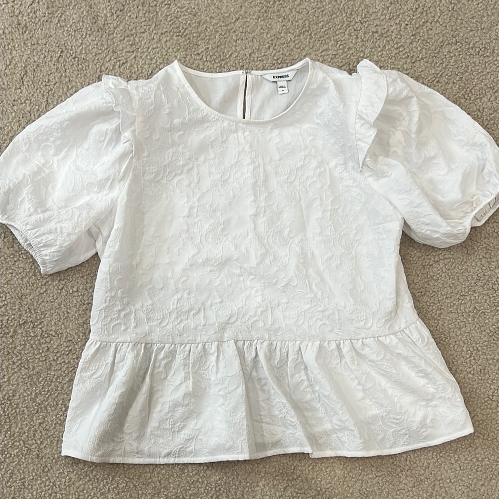Express White Textured Peplum Puff Sleeve Top